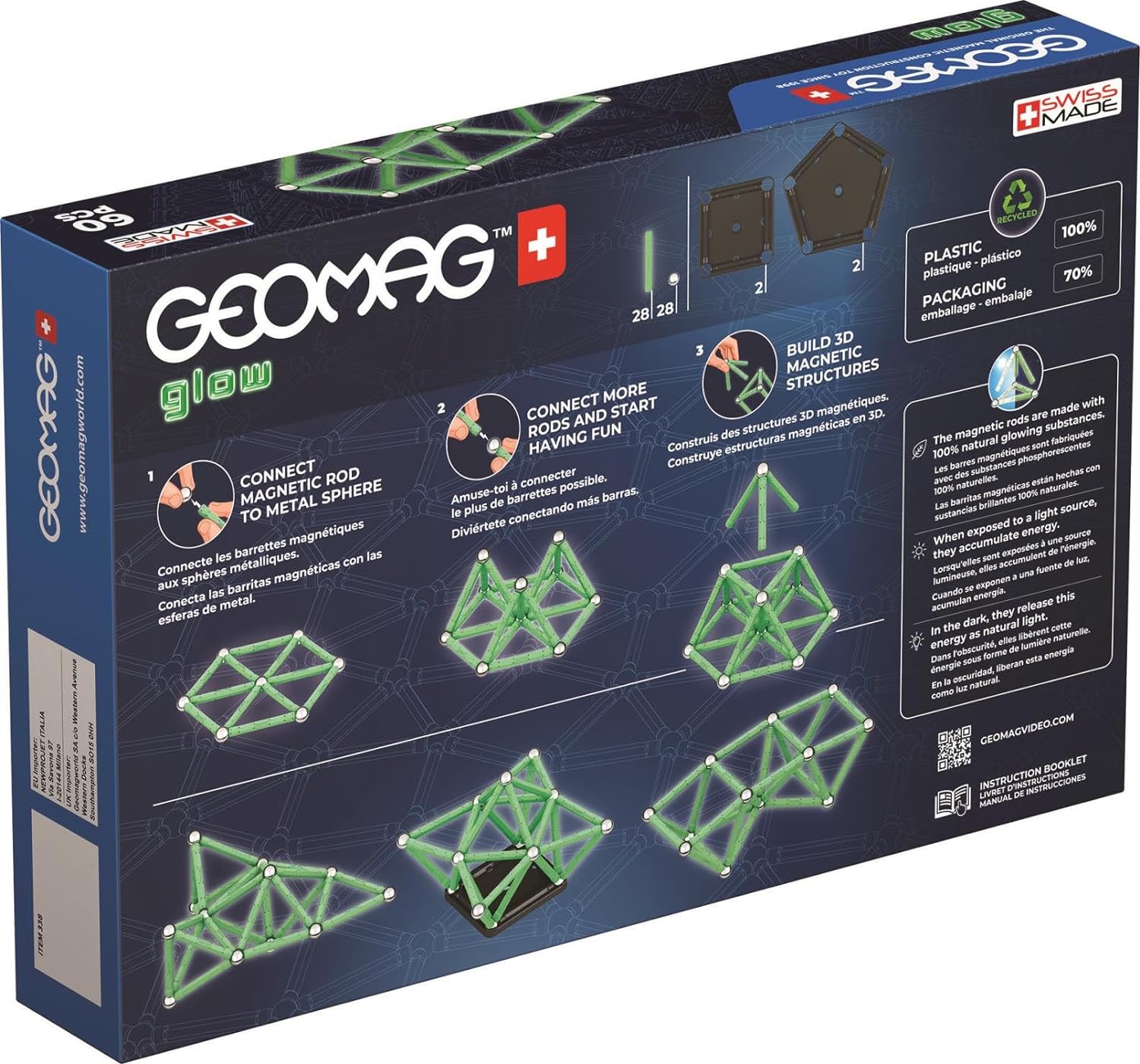 GEOMAG, Glow Recycled, Magnetic Constructions With Glow Effect, Magnetic Bars Glowing in the Dark, 60-Piece Pack, 100% Recycled Plastic, White