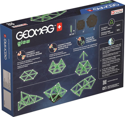GEOMAG, Glow Recycled, Magnetic Constructions With Glow Effect, Magnetic Bars Glowing in the Dark, 60-Piece Pack, 100% Recycled Plastic, White