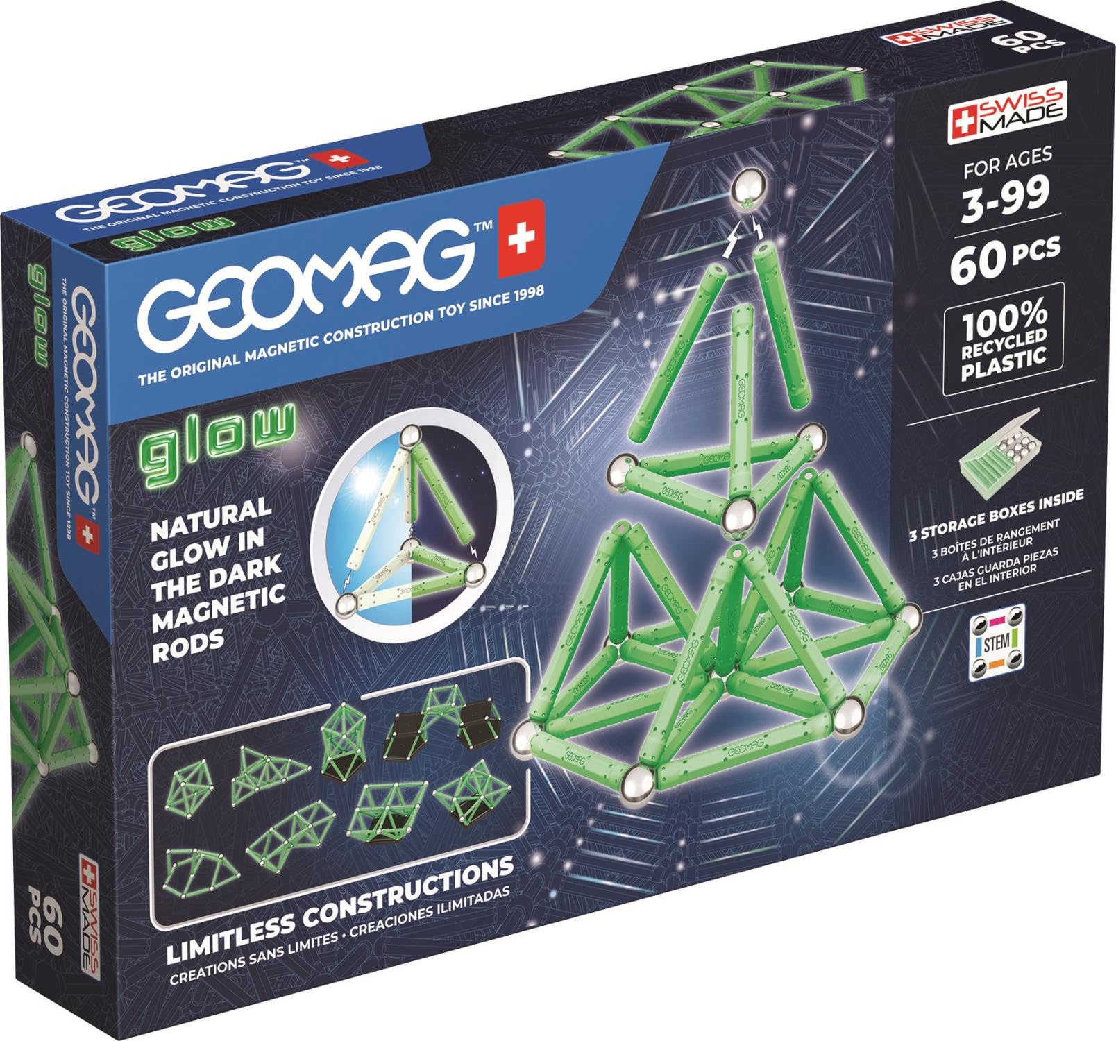GEOMAG, Glow Recycled, Magnetic Constructions With Glow Effect, Magnetic Bars Glowing in the Dark, 60-Piece Pack, 100% Recycled Plastic, White