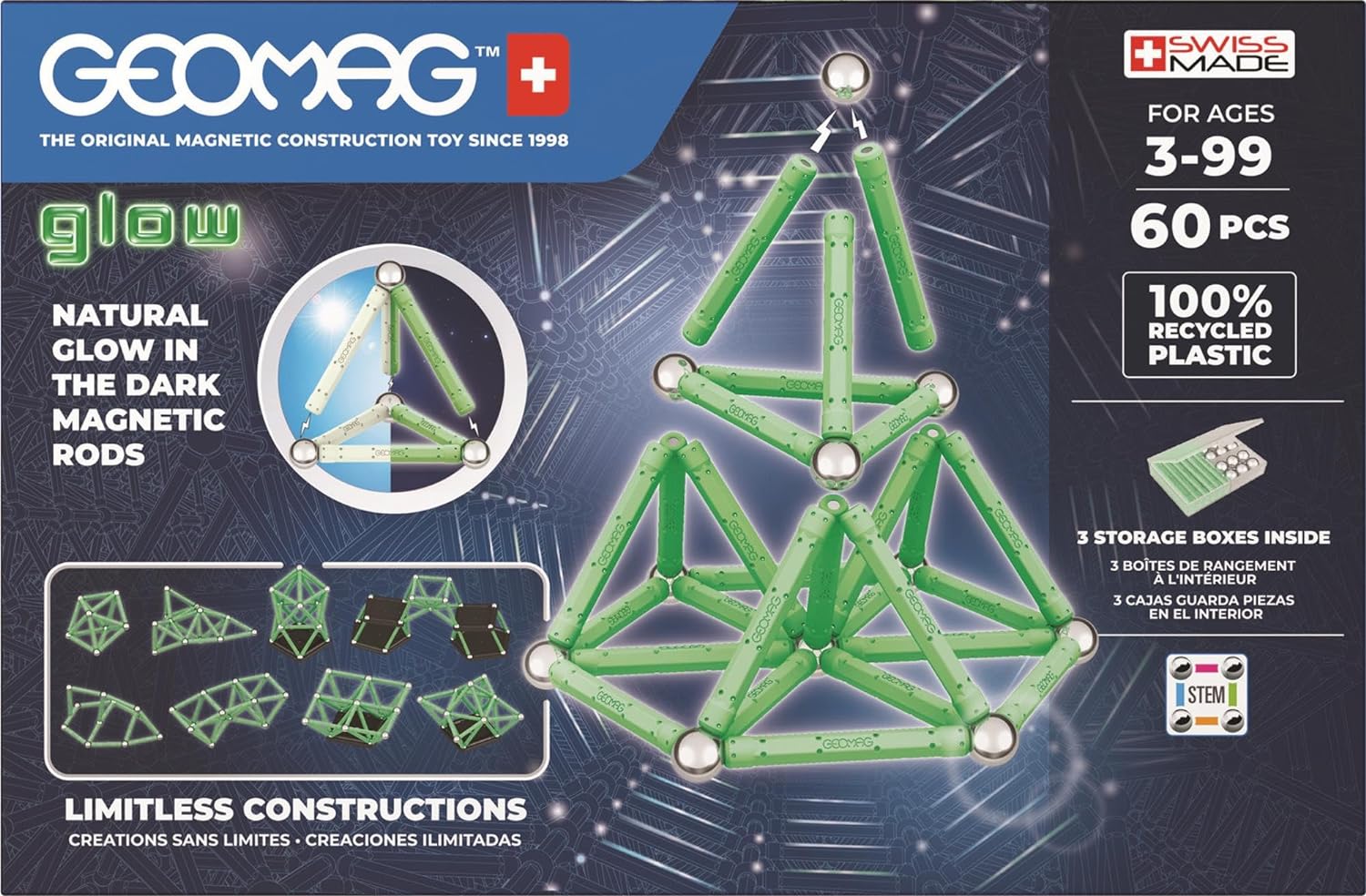 GEOMAG, Glow Recycled, Magnetic Constructions With Glow Effect, Magnetic Bars Glowing in the Dark, 60-Piece Pack, 100% Recycled Plastic, White