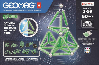 GEOMAG, Glow Recycled, Magnetic Constructions With Glow Effect, Magnetic Bars Glowing in the Dark, 60-Piece Pack, 100% Recycled Plastic, White