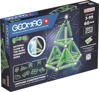 GEOMAG, Glow Recycled, Magnetic Constructions With Glow Effect, Magnetic Bars Glowing in the Dark, 60-Piece Pack, 100% Recycled Plastic, White
