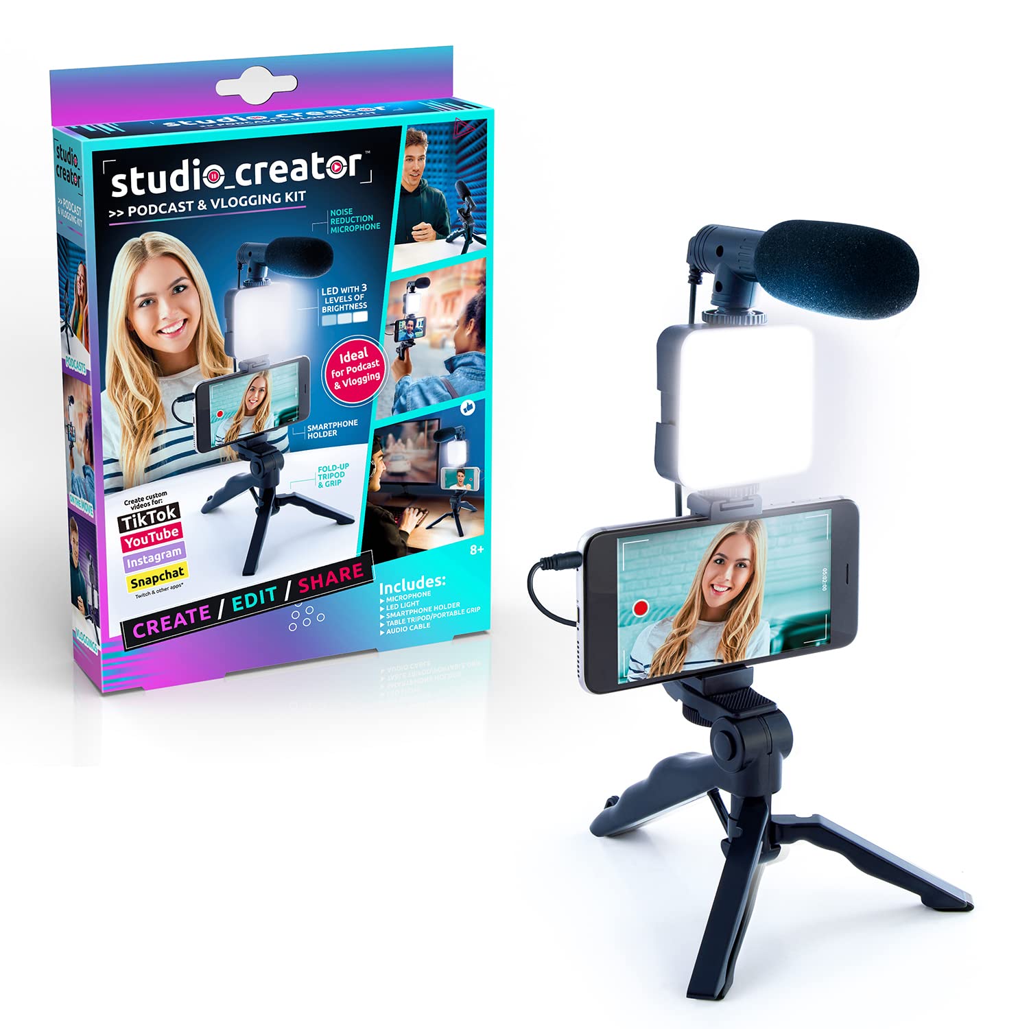 Studio Creator INF 033 Podcast and Vlogging Kit, Phone Holder, LED Light, Microphone + Tripod, Create Content On The Go, Age 6, White