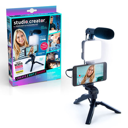 Studio Creator INF 033 Podcast and Vlogging Kit, Phone Holder, LED Light, Microphone + Tripod, Create Content On The Go, Age 6, White