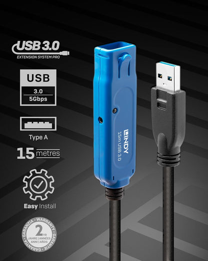 LINDY USB-Kabel USB-A Buchse, USB-A Stecker 15.00m Schwarz Aktiv mit Signalverstärkung 43229