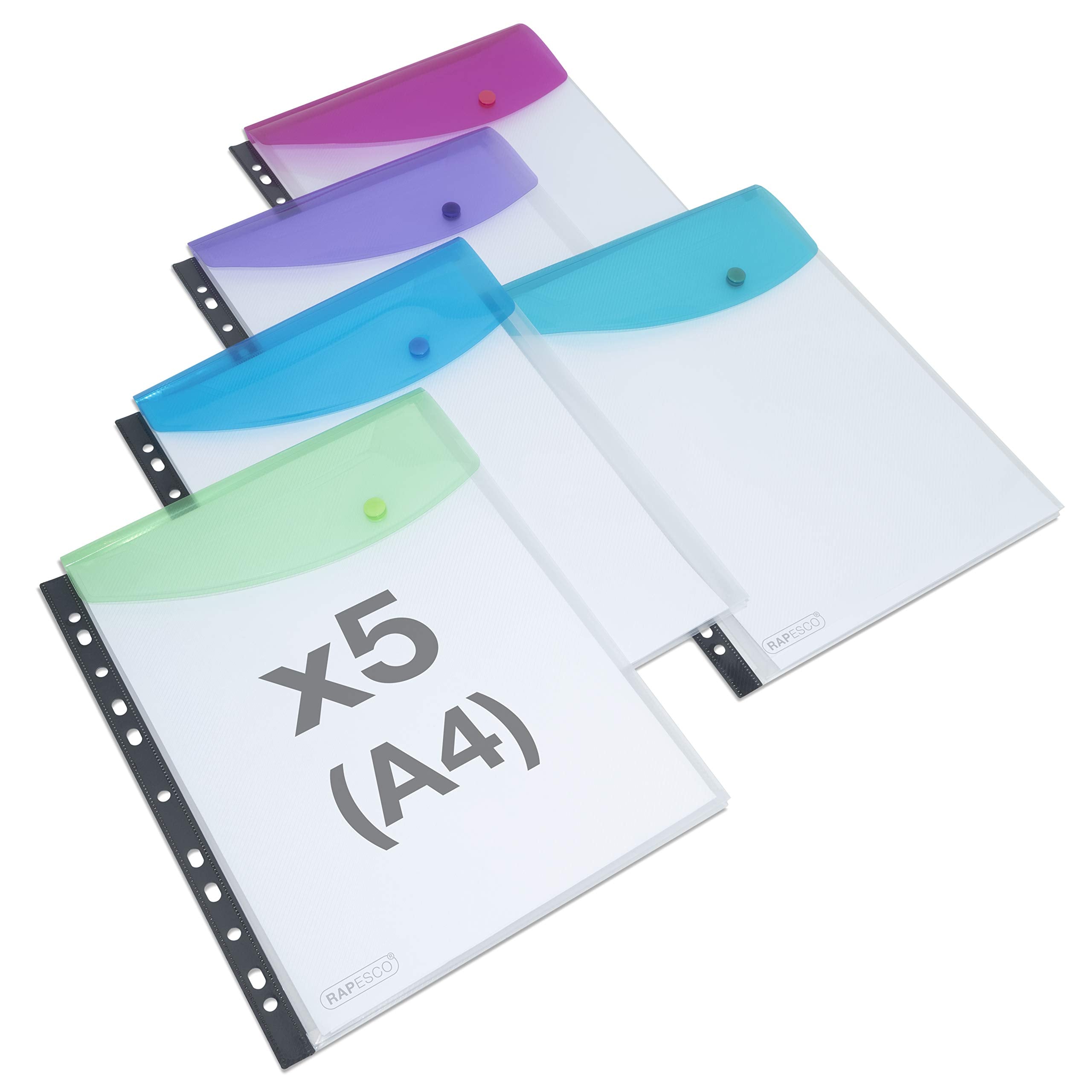 Rapesco 1630 High Capacity Ring Binder Popper Wallet, A4, Transparent Assorted Colours, Pack of 5