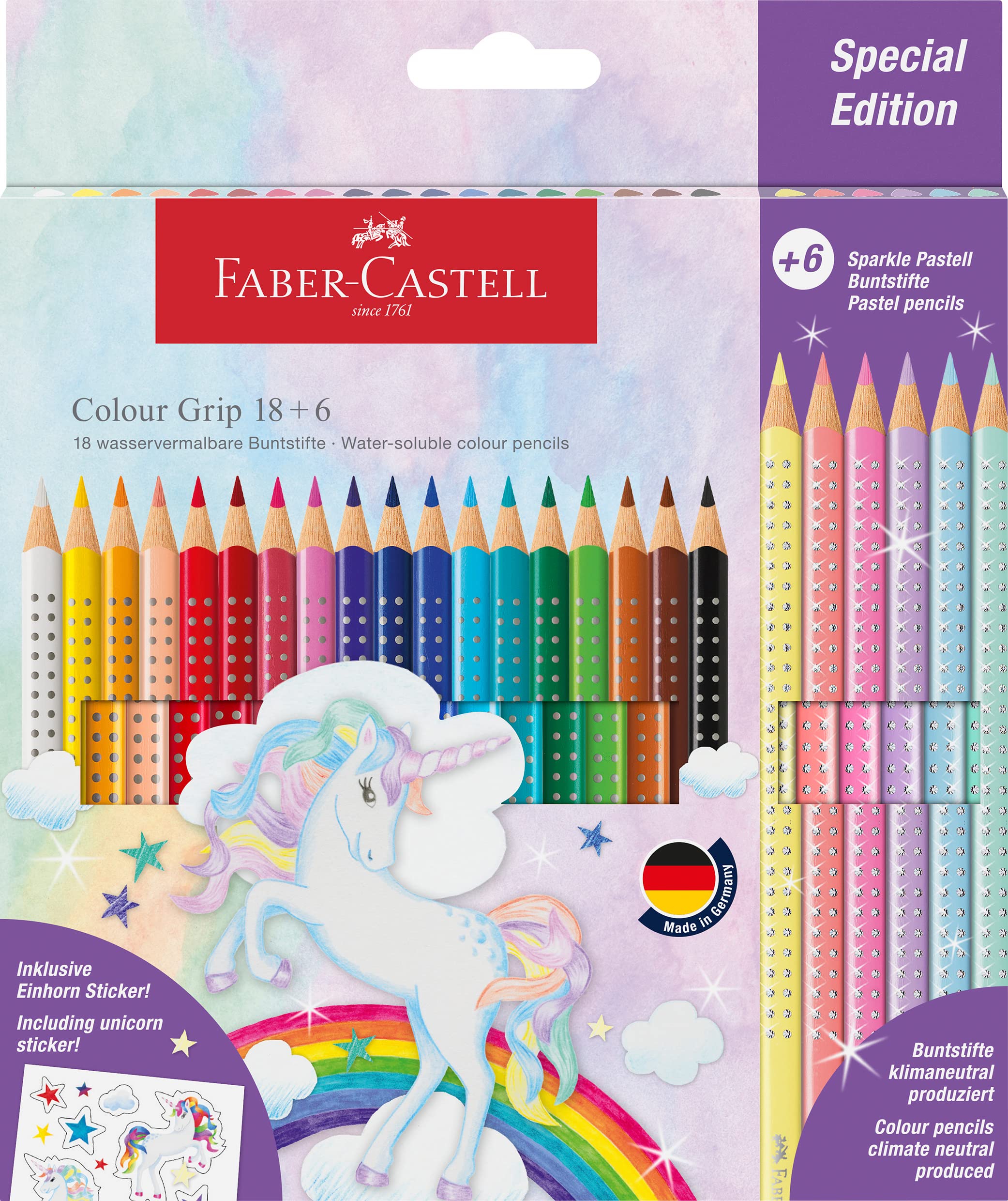 Faber-Castell Colour Grip Colour Pencils, Unicorn Special Edition, 18 Colour Grip + 6 Sparkle Pastel Colour Pencils