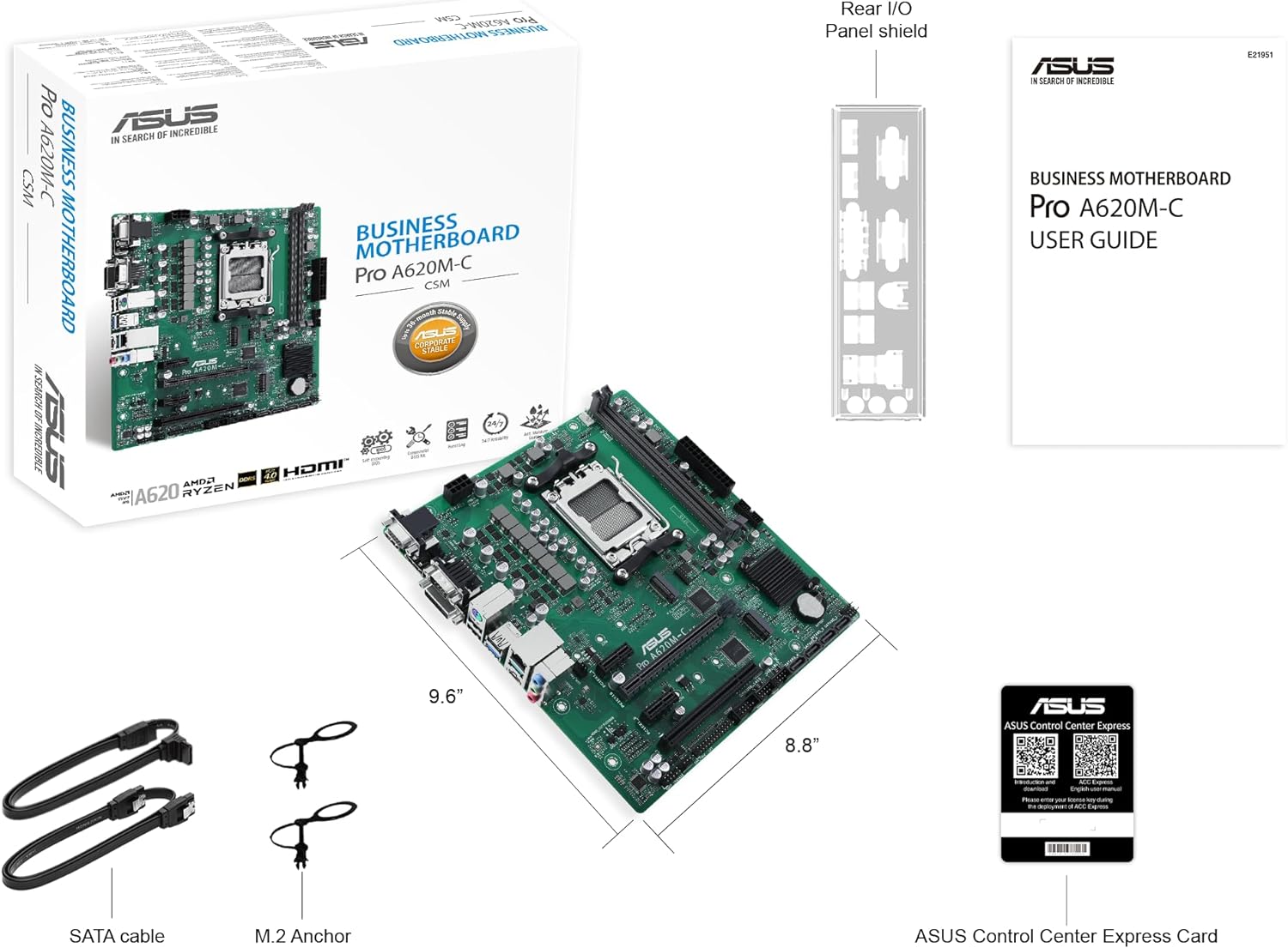 ASUS PRO A620M-C-CSM Motherboard Socket AMD AM5 (Ryzen AM5, mATX, DDR5, M.2 PCIe 4.0, 1Gb Ethernet, USB 3.2 Gen 2 Type-C, Front USB 3.2 Gen 1 Header