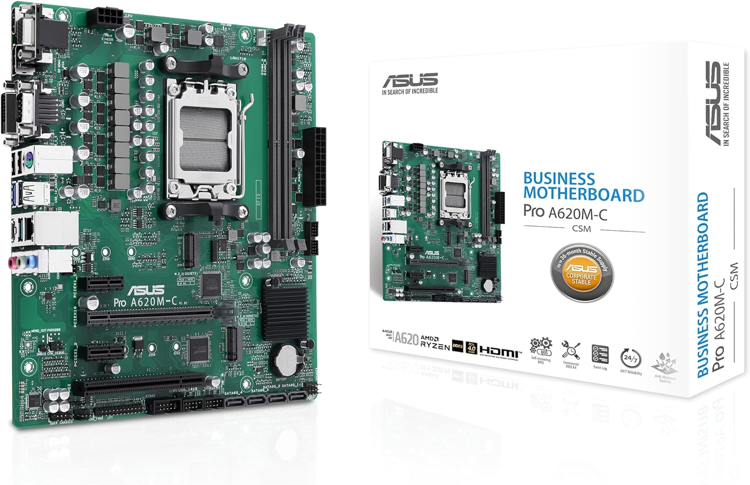 ASUS PRO A620M-C-CSM Motherboard Socket AMD AM5 (Ryzen AM5, mATX, DDR5, M.2 PCIe 4.0, 1Gb Ethernet, USB 3.2 Gen 2 Type-C, Front USB 3.2 Gen 1 Header