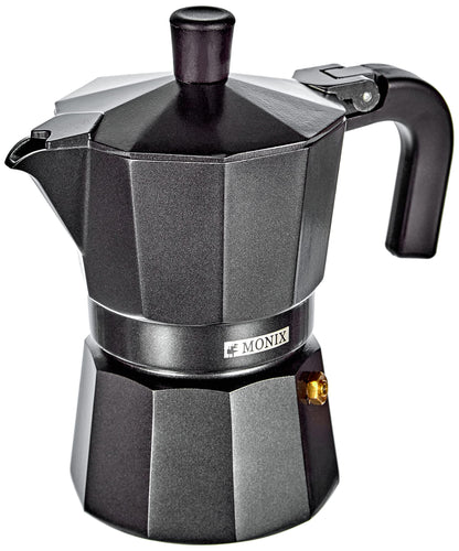 Monix Vitro Noir Aluminium Non-Stick 3 Cups Coffee Maker, Black,15cm