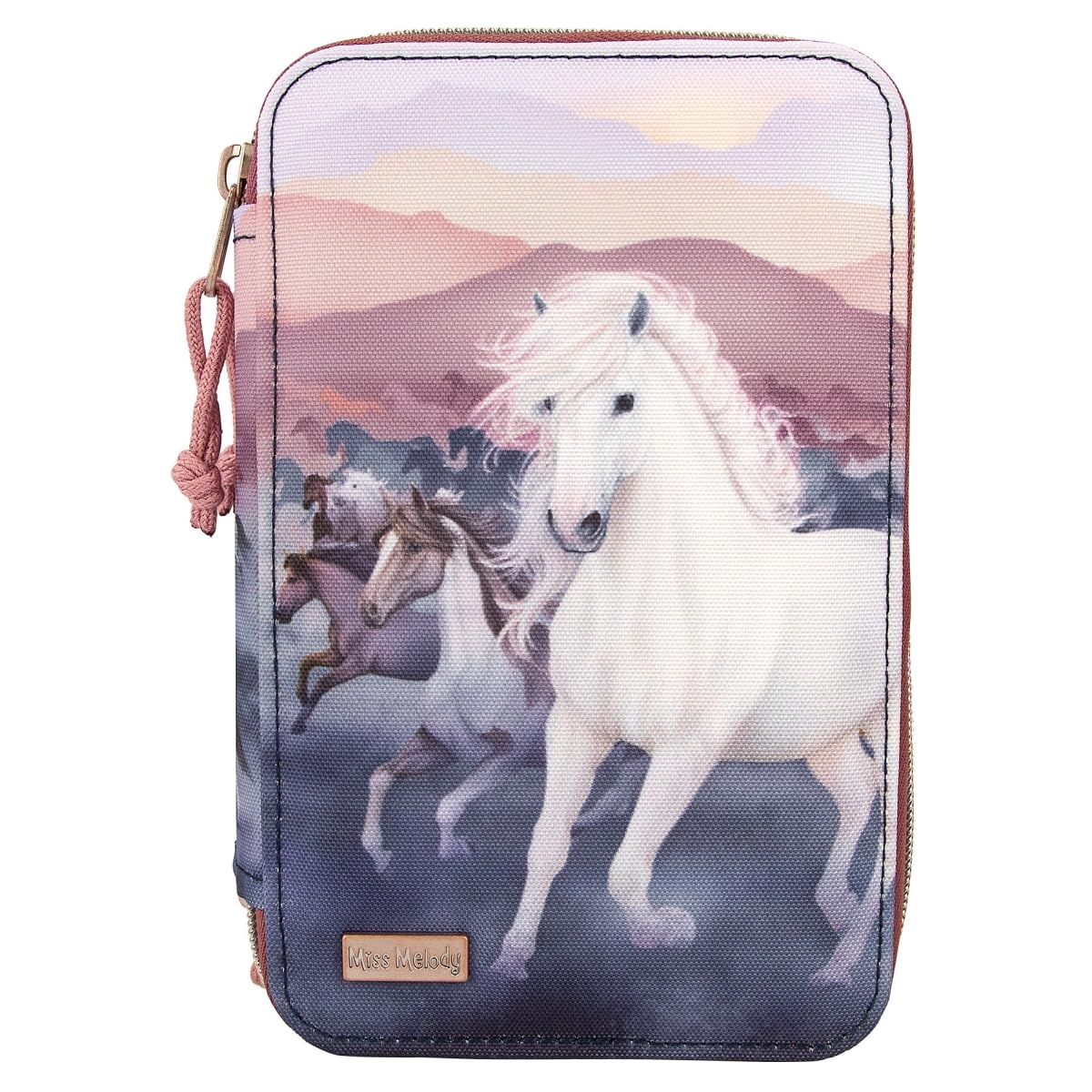 Depesche 12511 Miss Melody Night Horses Filled 3-Compartment Pencil Case, Herd Motif, Pencil Case with Colouring Pencils, Ruler, Scissors and Much More