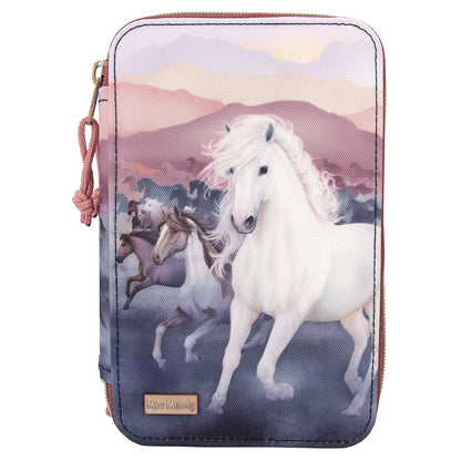 Depesche 12511 Miss Melody Night Horses Filled 3-Compartment Pencil Case, Herd Motif, Pencil Case with Colouring Pencils, Ruler, Scissors and Much More