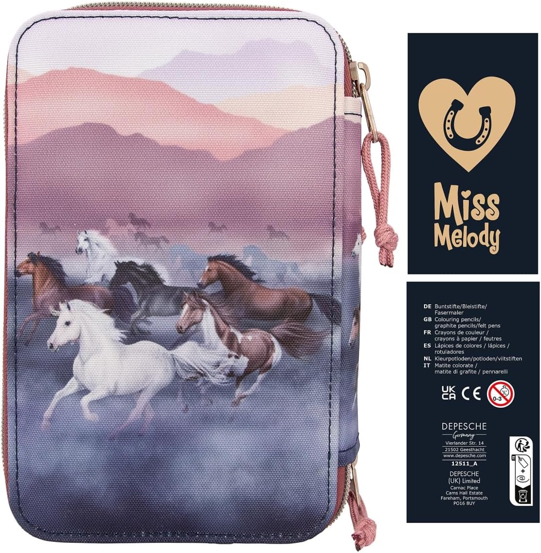 Depesche 12511 Miss Melody Night Horses Filled 3-Compartment Pencil Case, Herd Motif, Pencil Case with Colouring Pencils, Ruler, Scissors and Much More