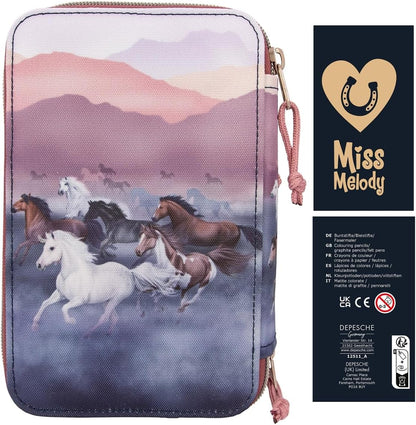 Depesche 12511 Miss Melody Night Horses Filled 3-Compartment Pencil Case, Herd Motif, Pencil Case with Colouring Pencils, Ruler, Scissors and Much More