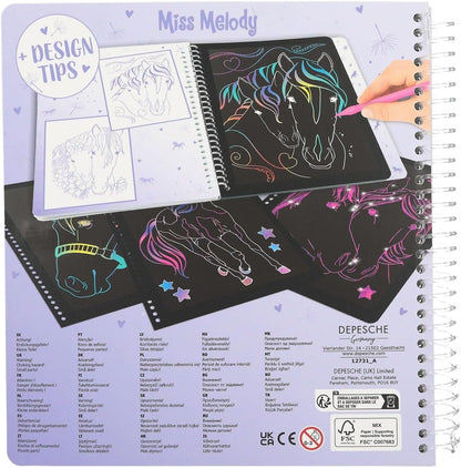 Depesche 12731 Miss Melody Magic Scratch Book with 20 Pages of Fantastic Scratch Motifs, Book with Colourful Gradient and Scratch Pen