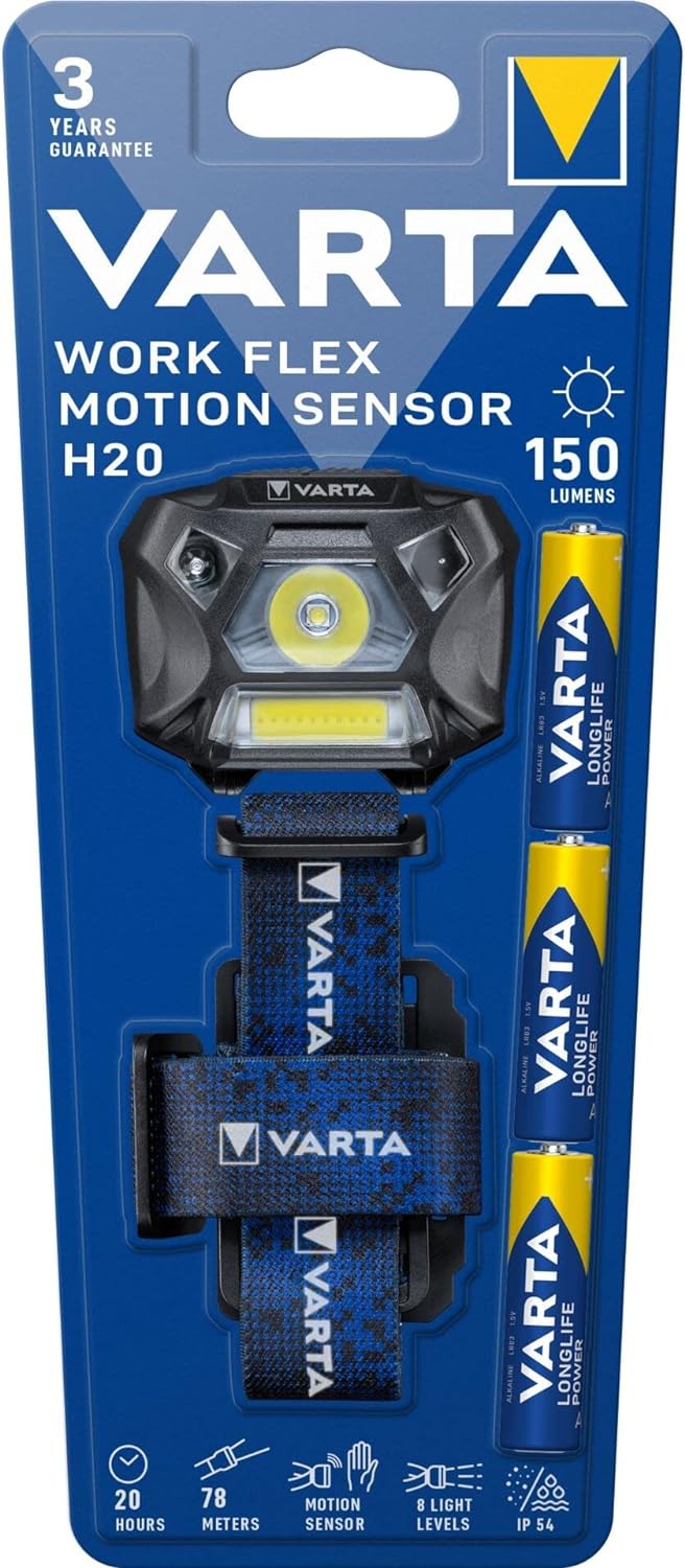 VARTA Work Flex Motion Sensor Head H20 (incl. 3X AA Longlife Power Batteries, 2 Light Modes, COB LED, Blue), 3 W