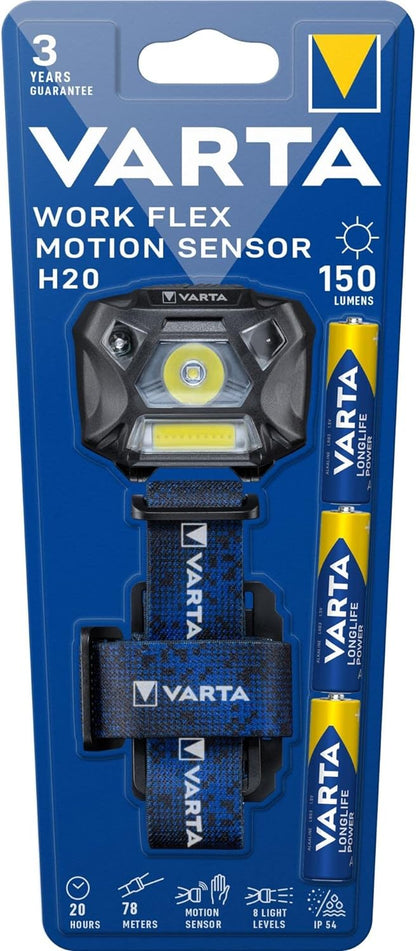 VARTA Work Flex Motion Sensor Head H20 (incl. 3X AA Longlife Power Batteries, 2 Light Modes, COB LED, Blue), 3 W
