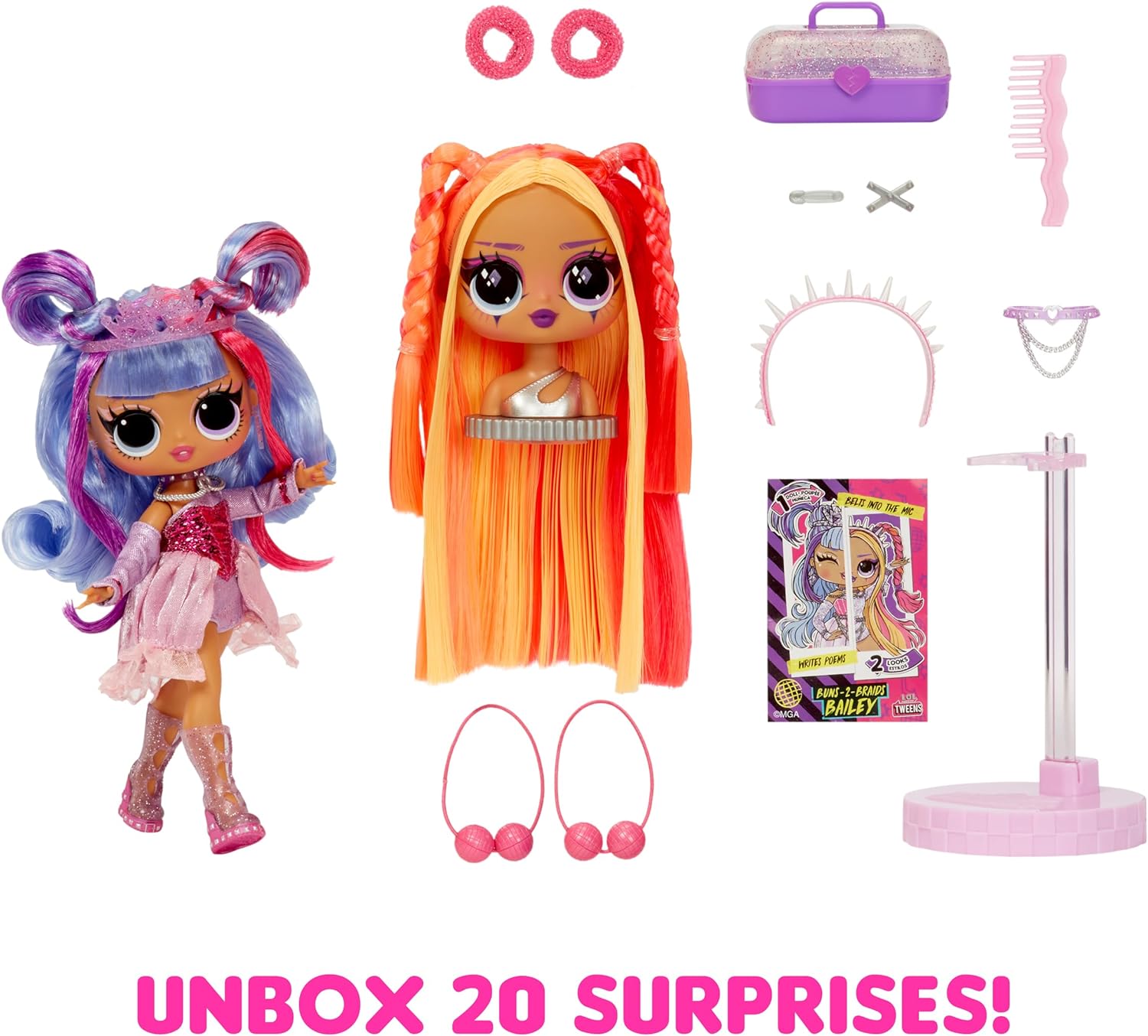 L.O.L. Surprise! Tweens Surprise Swap Series - Buns-2-Braids Bailey - Muñeca de moda con más de 20 sorpresas que incluyen cabeza para peinar, prendas y accesorios - Para niños a partir de 4 años