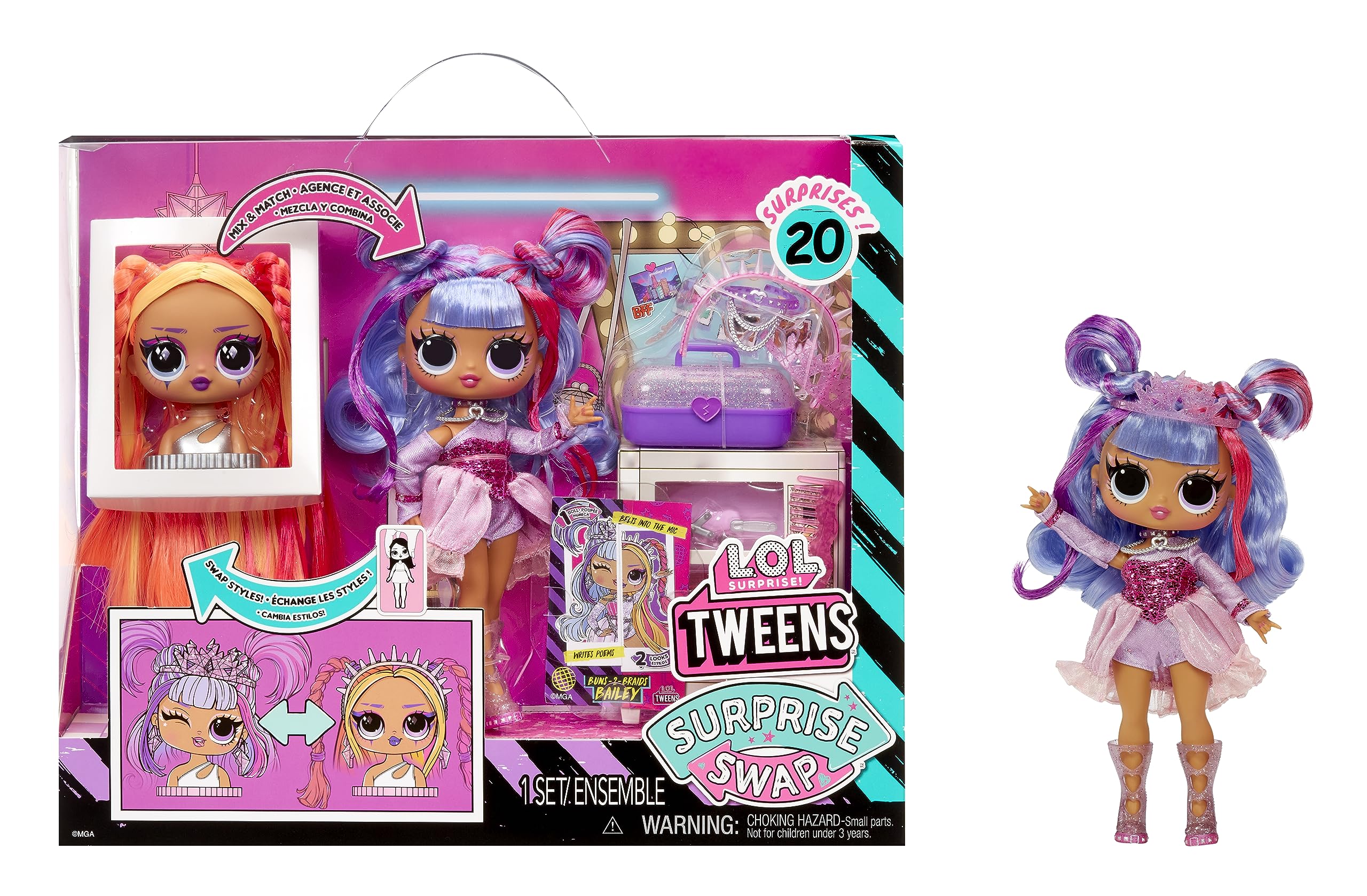 L.O.L. Surprise! Tweens Surprise Swap Series - Buns-2-Braids Bailey - Muñeca de moda con más de 20 sorpresas que incluyen cabeza para peinar, prendas y accesorios - Para niños a partir de 4 años