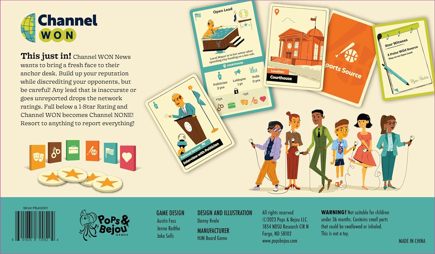 Channel Won Game | News Reporters | Casual Board Game | Semi-Coop | Ages 14+ | for 2-6 Players | 30-60 Min Playtime | Made by Pops & Bejou Games