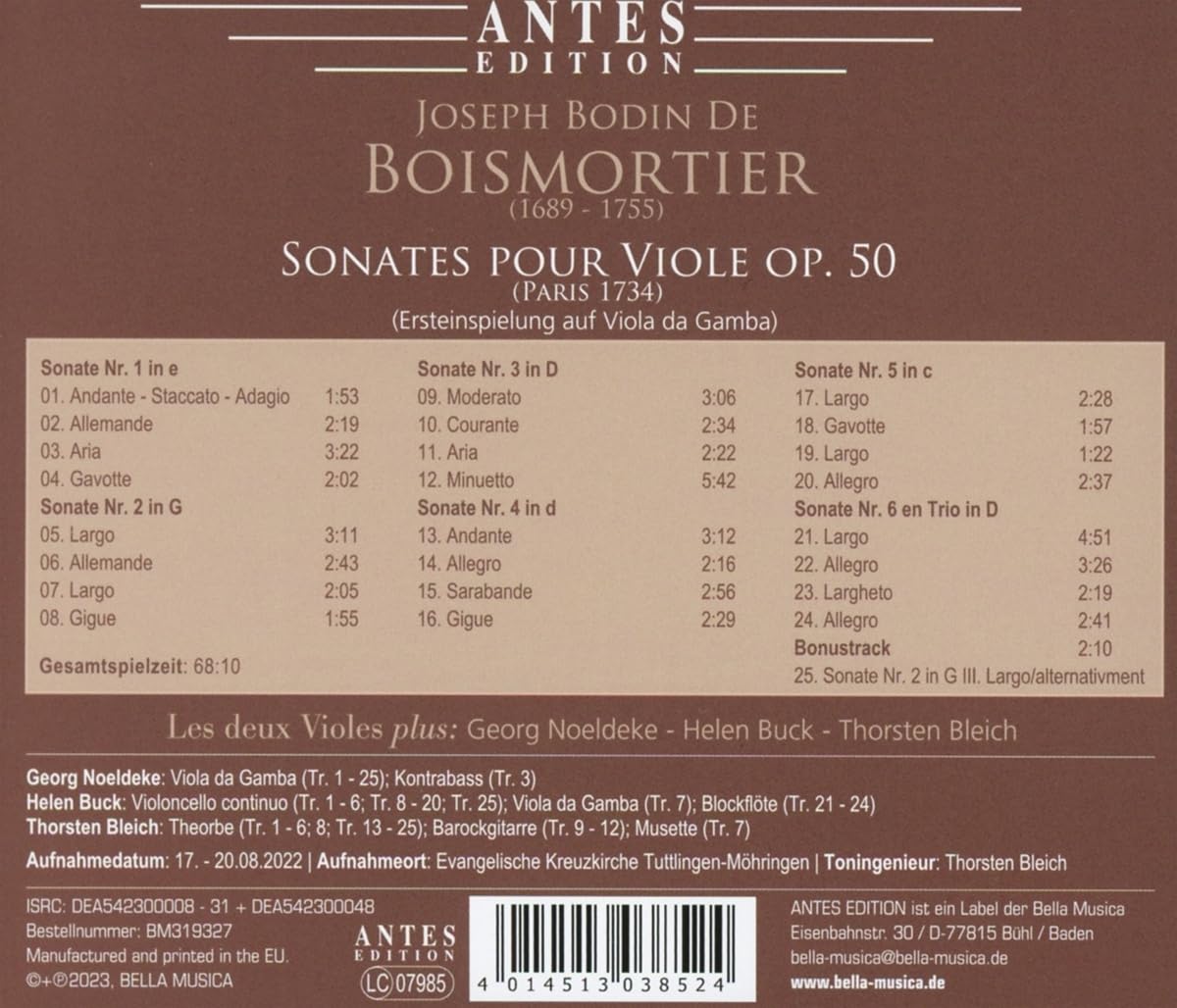 Boismortier: Sonates pour Viole, Op. 50 Paris 1734