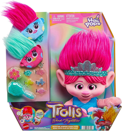 DreamWorks Trolls Band Together Plush Toy, HAIR POPS Showtime Surprise Queen Poppy Soft Doll with Lights, Sounds, 1 Hair Pops & 3 Accessories, HGB26