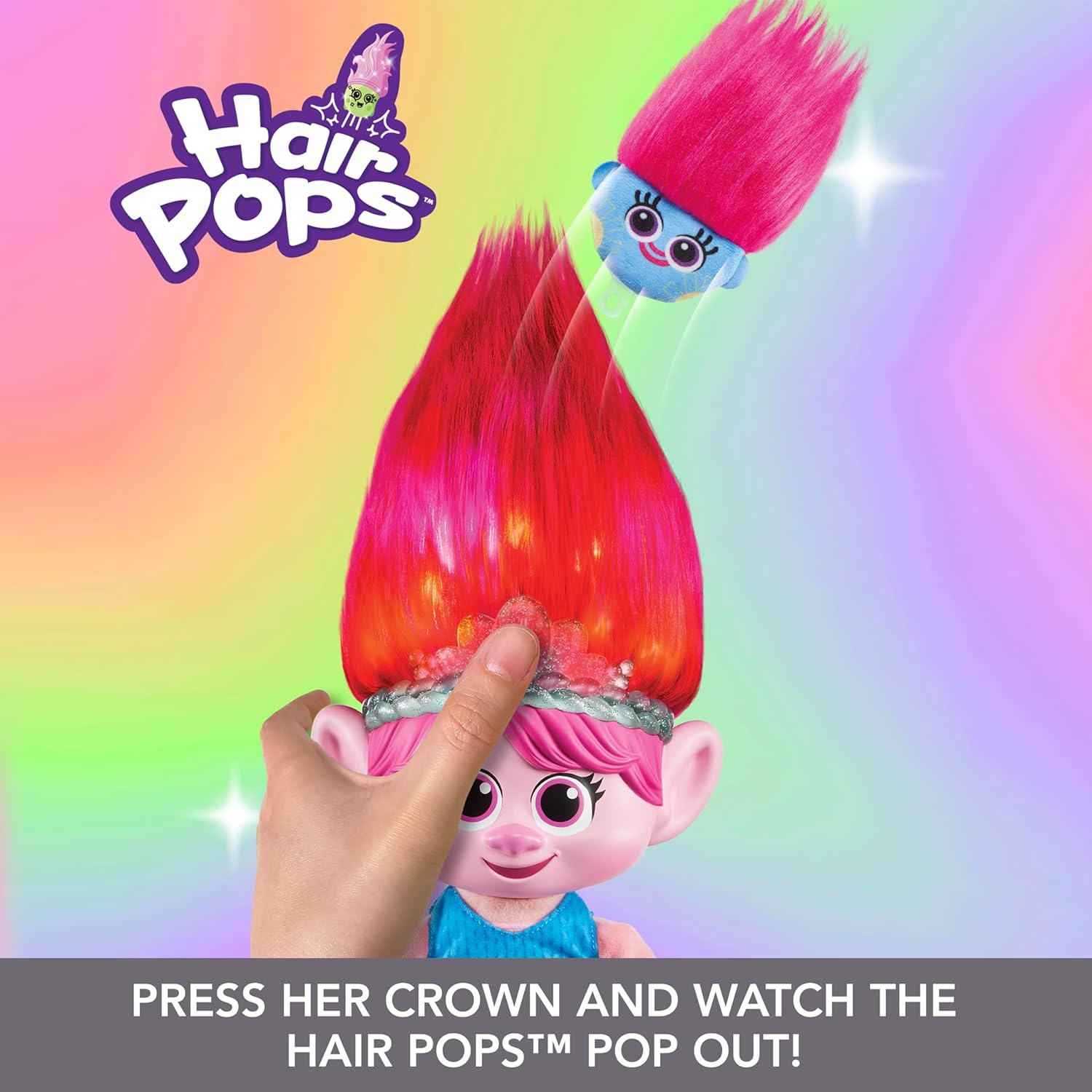 DreamWorks Trolls Band Together Plush Toy, HAIR POPS Showtime Surprise Queen Poppy Soft Doll with Lights, Sounds, 1 Hair Pops & 3 Accessories, HGB26