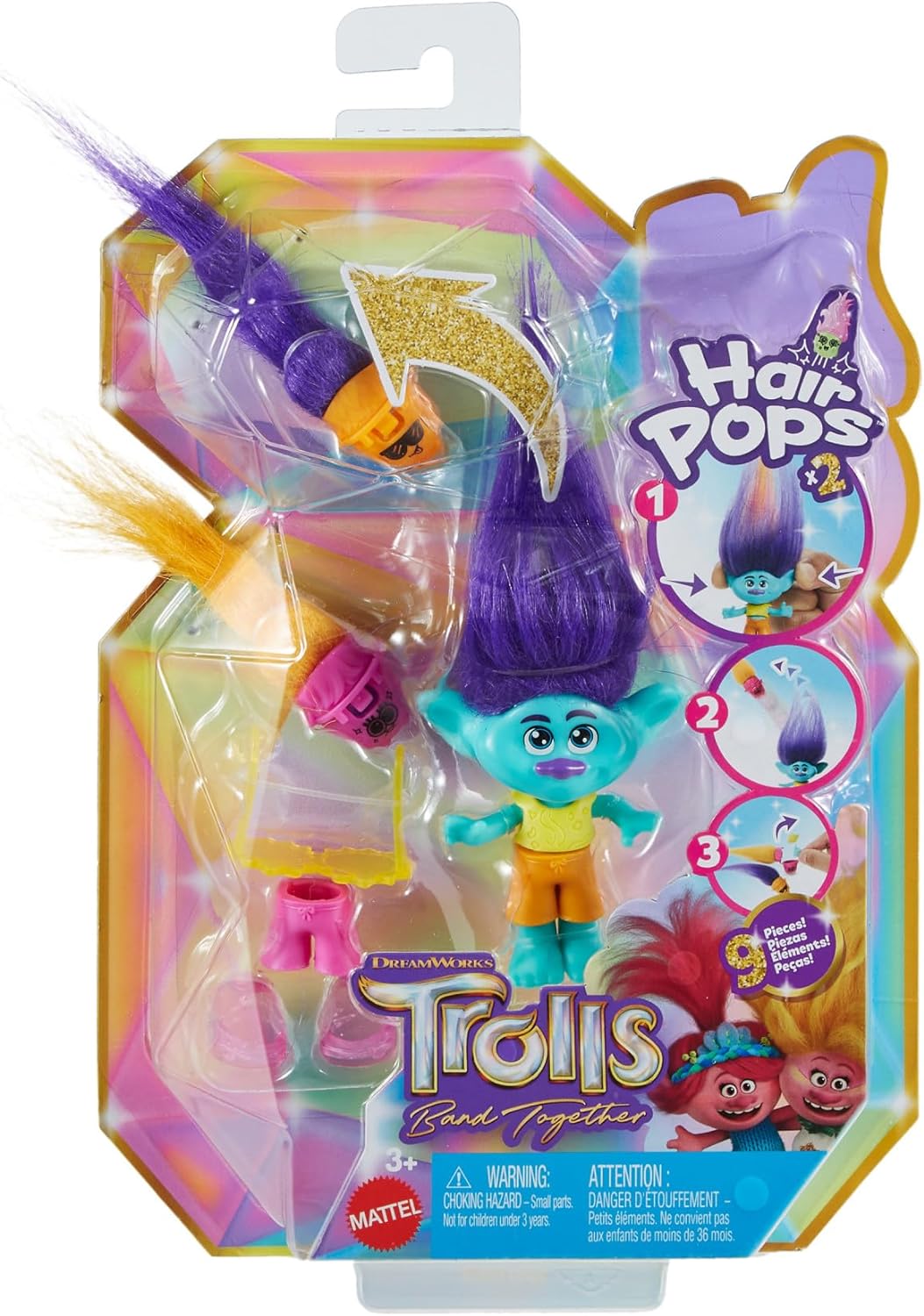 Mattel Trolls 3 Todos Juntos Hair Pops Branch Muñeco pequeño con ropa intercambiable inspirado en la película, 3 accesorios sorpresa, juguete +3 años (HNF12