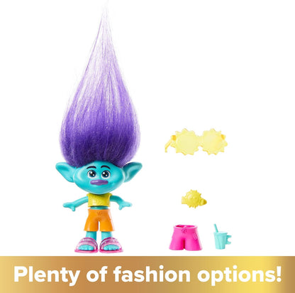 Mattel Trolls 3 Todos Juntos Hair Pops Branch Muñeco pequeño con ropa intercambiable inspirado en la película, 3 accesorios sorpresa, juguete +3 años (HNF12