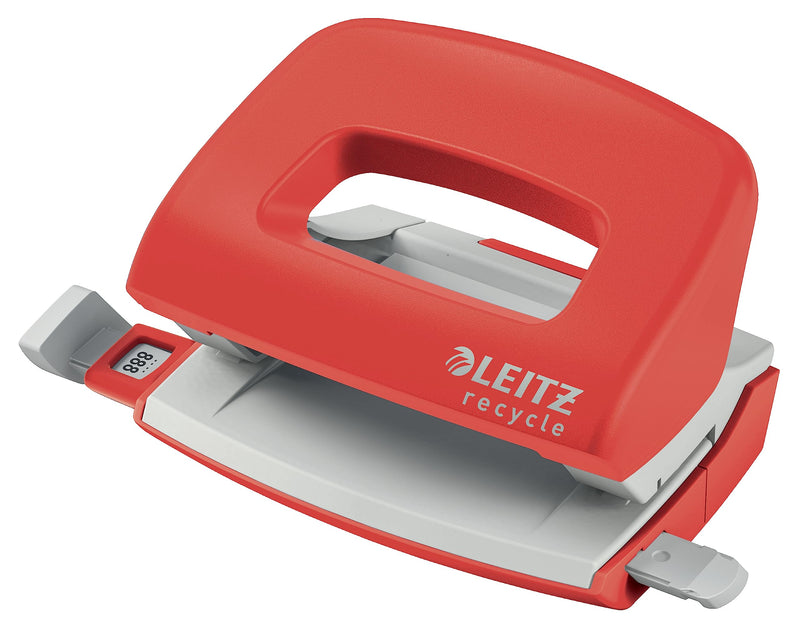 Leitz NeXXt Recycle Mini Hole Punch, 10 A4 Sheet Puncher, 100% Recyclable, Steel & Recycled Plastic, CO2 Compensated, Eco Friendly, Recycle Range, Red, 50100025