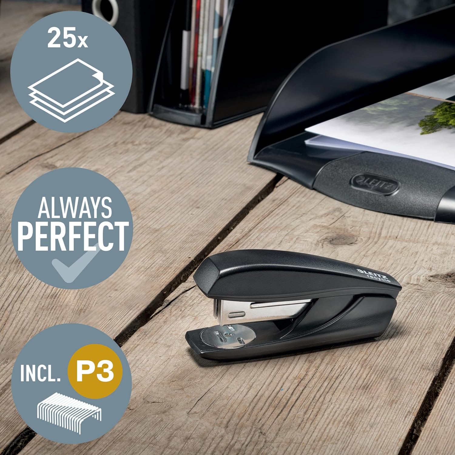 Leitz NeXXt Recycle Small Stapler, 25 Sheets, with Mini Staple Remover, Includes 200 Staples, Steel & Recycled Plastic, 100% Recyclable, CO2 Compensated, Eco Friendly, Recycle Range, Red, 56060025