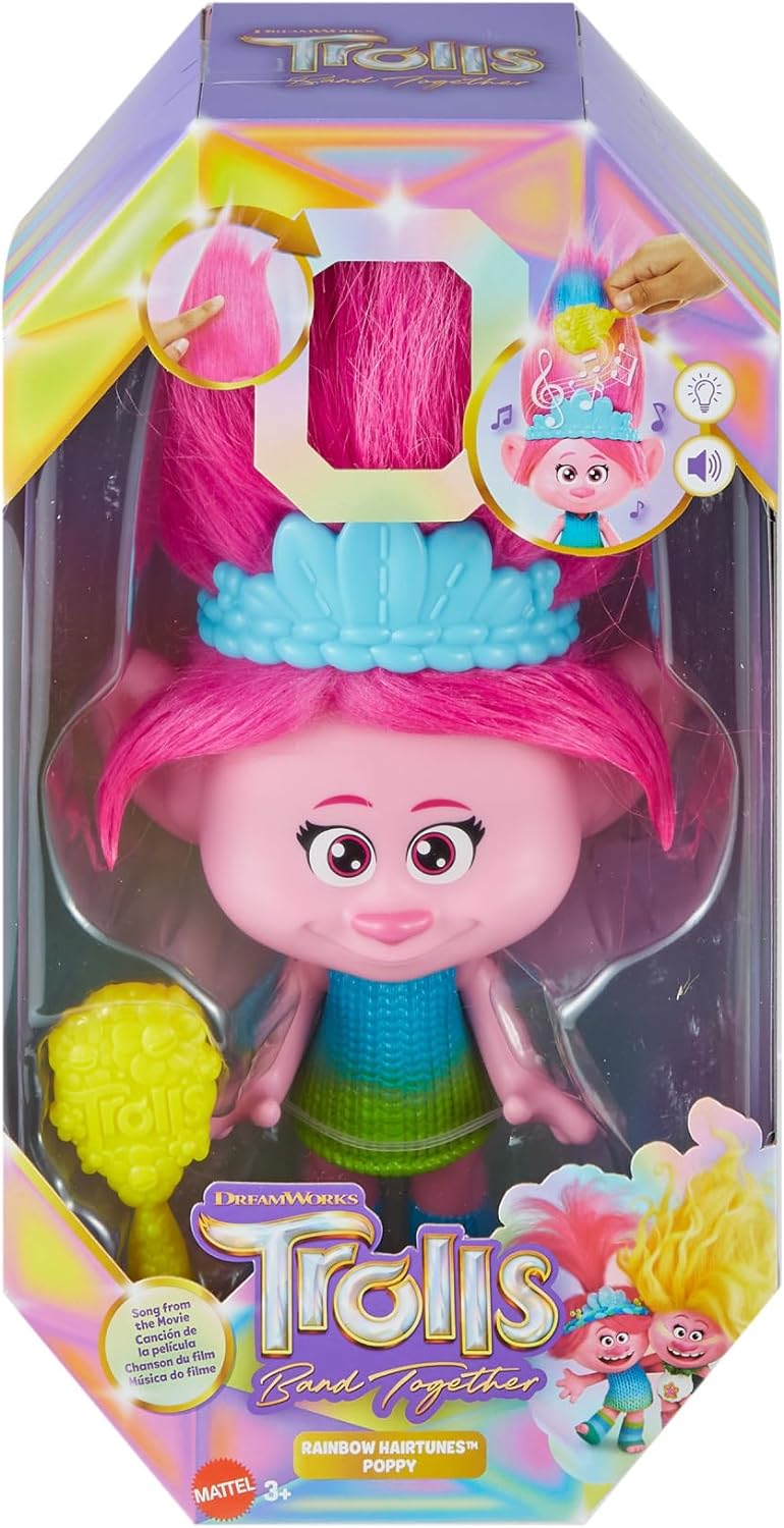 Mattel DREAMWORKS TROLLS Rainbow HairTunes Poppy-Puppe - Licht und Geräusche, leuchtendes Haar, Musik und Sätze, abnehmbare Krone, für Kinder ab 3 Jahren, HNF20