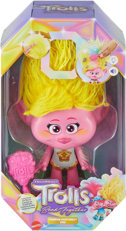 Mattel Trolls 3 Todos Juntos Rainbow HairTunes Muñeca Viva con pelo con luces y sonidos, capa y accesorios para peinar, inspirado en la película, juguete +3 años (HNF21