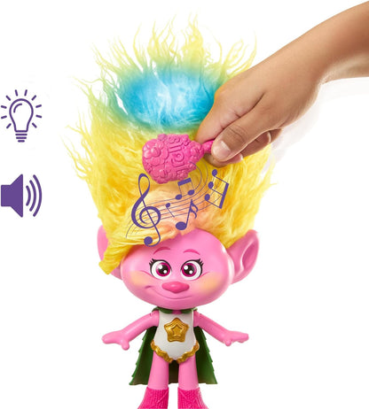 Mattel Trolls 3 Todos Juntos Rainbow HairTunes Muñeca Viva con pelo con luces y sonidos, capa y accesorios para peinar, inspirado en la película, juguete +3 años (HNF21