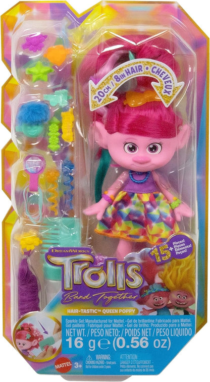 Mattel Trolls 3 Todos Juntos Hair-tastic Reina Poppy Muñeca con peine, purpurina y accesorios para el pelo, juguete +3 años (HNF25