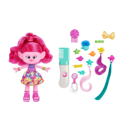 Mattel Trolls 3 Todos Juntos Hair-tastic Reina Poppy Muñeca con peine, purpurina y accesorios para el pelo, juguete +3 años (HNF25