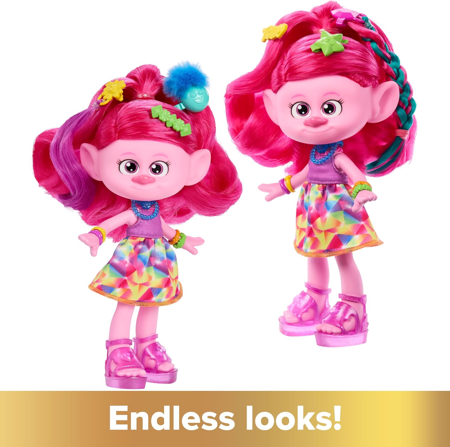 Mattel Trolls 3 Todos Juntos Hair-tastic Reina Poppy Muñeca con peine, purpurina y accesorios para el pelo, juguete +3 años (HNF25