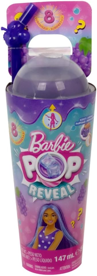 Barbie Pop Reveal Fruit Series Doll, Grape Fizz Theme with 8 Surprises Including Pet & Accessories, Slime, Scent & Color Change, HNW44