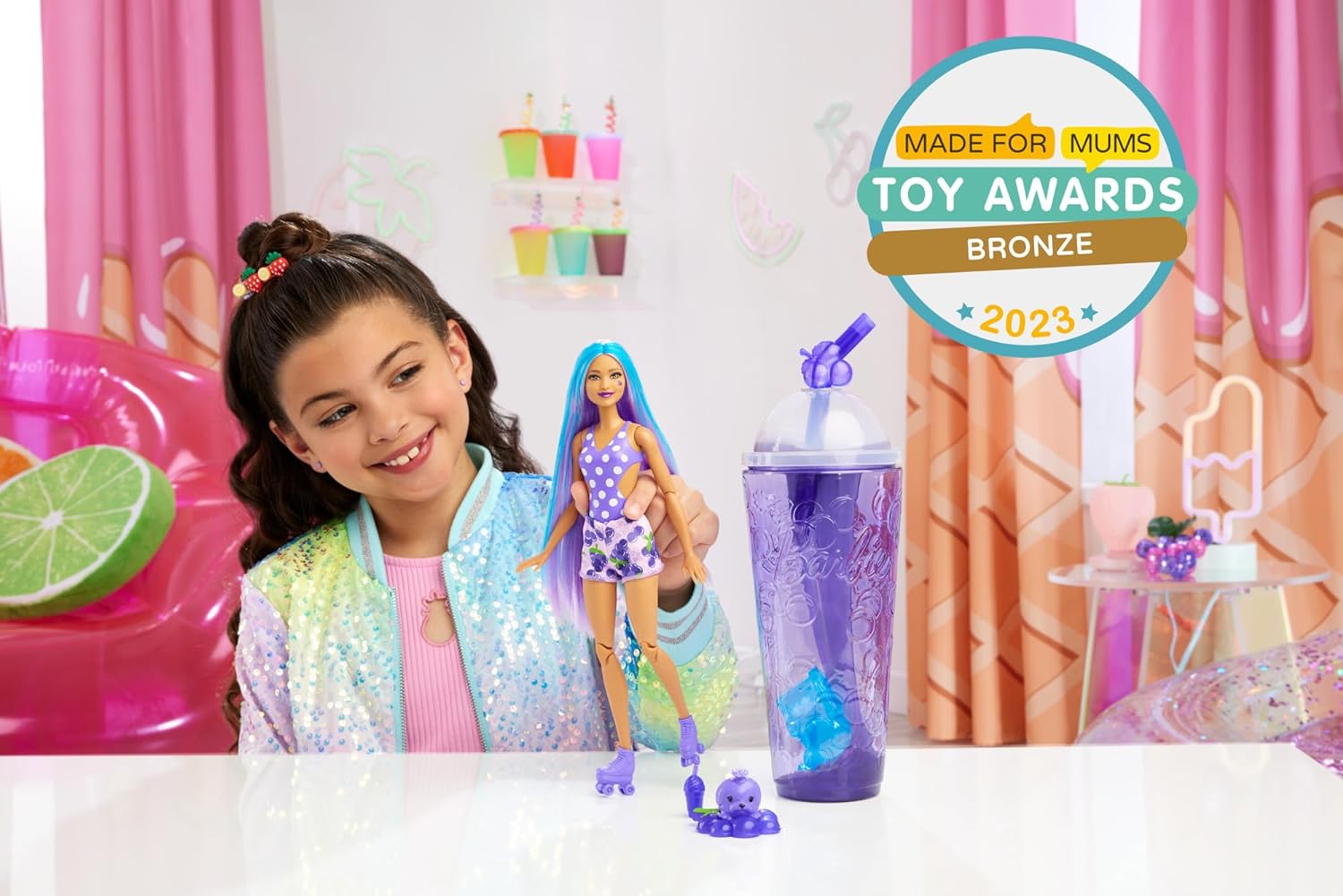 Barbie Pop Reveal Fruit Series Doll, Grape Fizz Theme with 8 Surprises Including Pet & Accessories, Slime, Scent & Color Change, HNW44