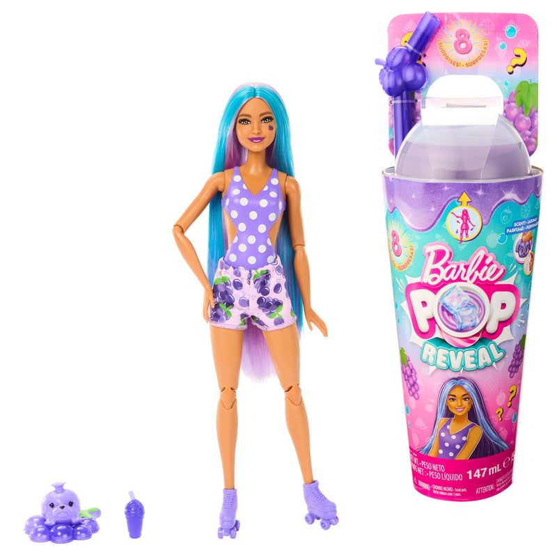Barbie Pop Reveal Fruit Series Doll, Grape Fizz Theme with 8 Surprises Including Pet & Accessories, Slime, Scent & Color Change, HNW44