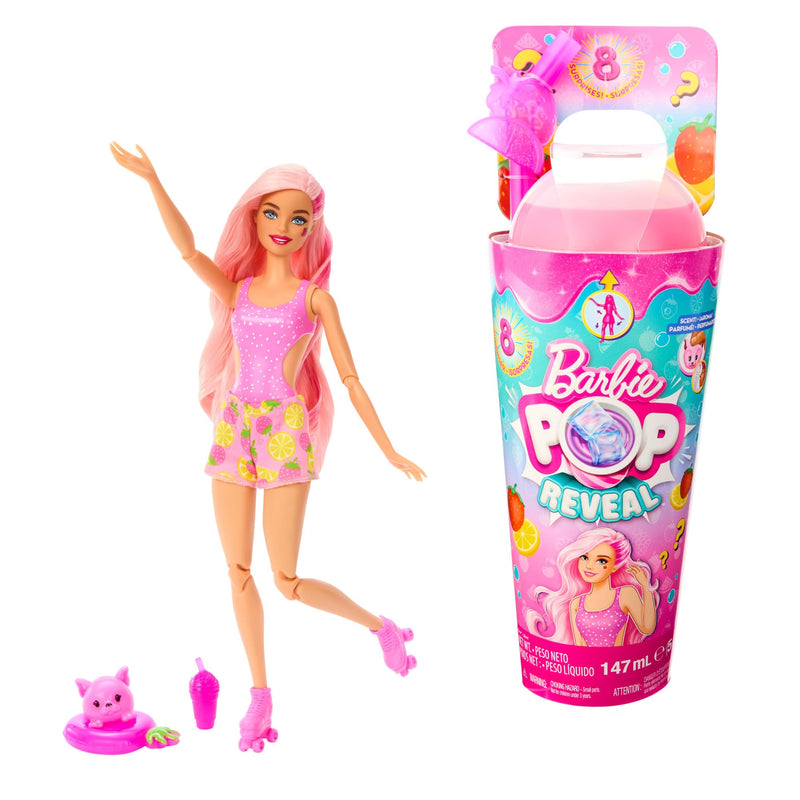 Barbie Pop! Reveal Serie Frutas Fresa Muñeca Que Revela Sus Colores con Vaso, Incluye Ropa, Mascotas y Accesorios Sorpresa, Juguete +3 años (Mattel HNW41