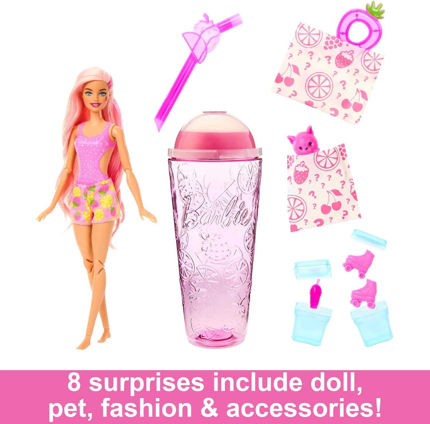 Barbie Pop! Reveal Serie Frutas Fresa Muñeca Que Revela Sus Colores con Vaso, Incluye Ropa, Mascotas y Accesorios Sorpresa, Juguete +3 años (Mattel HNW41