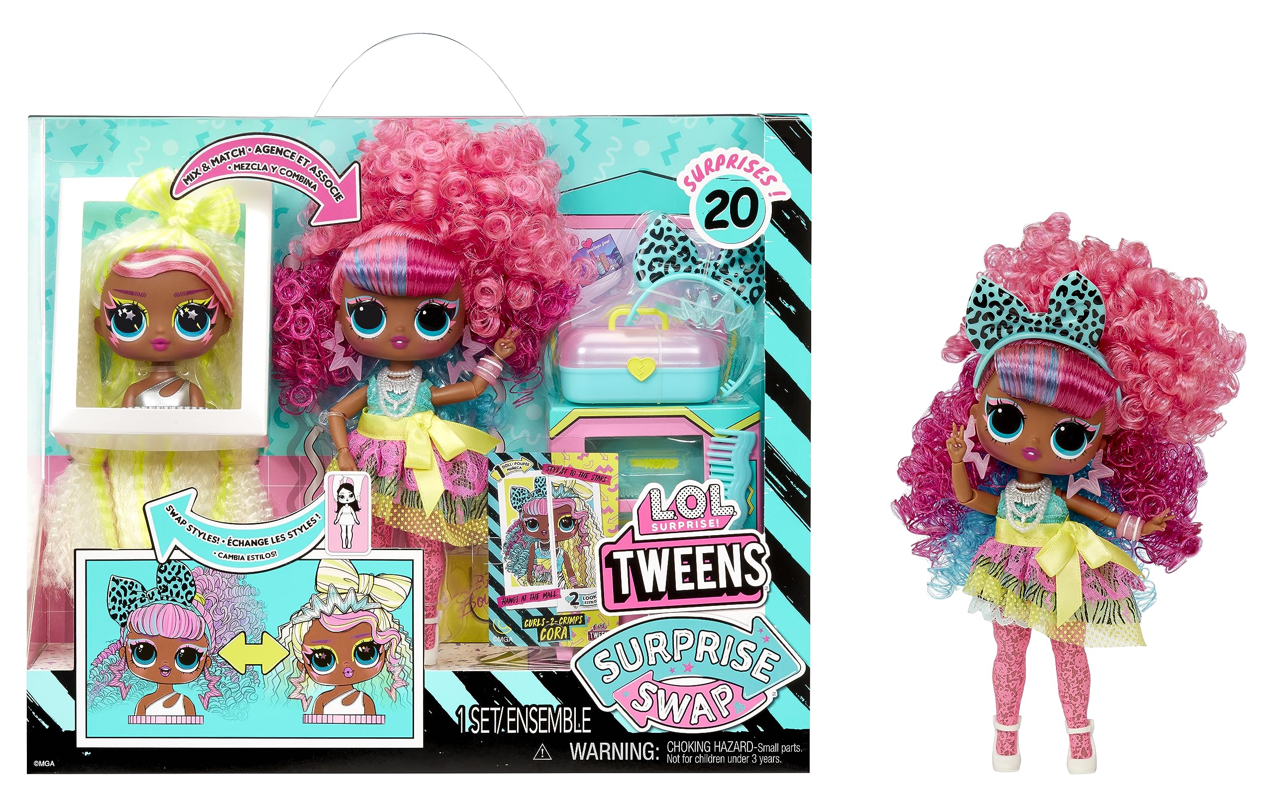 L.O.L. Surprise! Tweens Surprise Swap Series - Curls-2-Crimps Cora - Muñeca de moda con más de 20 sorpresas que incluyen cabeza para peinar, prendas de moda y accesorios - Para 4+ años