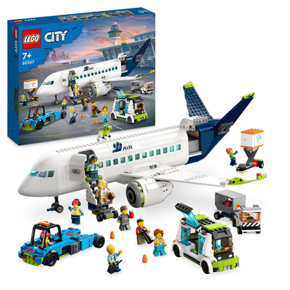 LEGO 60367 City Passenger Aeroplane Toy Building Set, Large Plane Model with Airport Ground Crew Vehicles: Apron Bus, Pushback Tug, Catering Loader, Baggage Truck plus 9 Minifigures