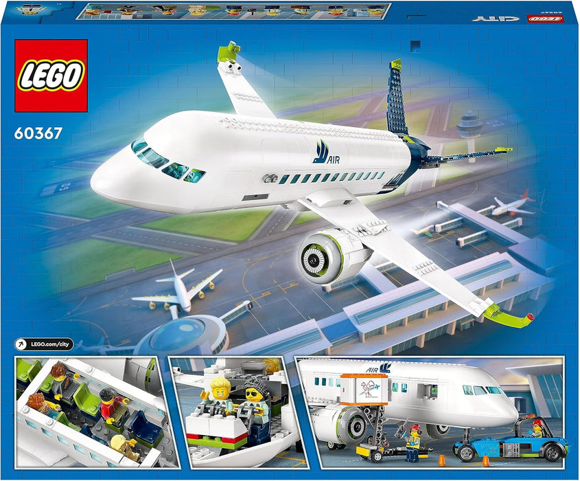 LEGO 60367 City Passenger Aeroplane Toy Building Set, Large Plane Model with Airport Ground Crew Vehicles: Apron Bus, Pushback Tug, Catering Loader, Baggage Truck plus 9 Minifigures