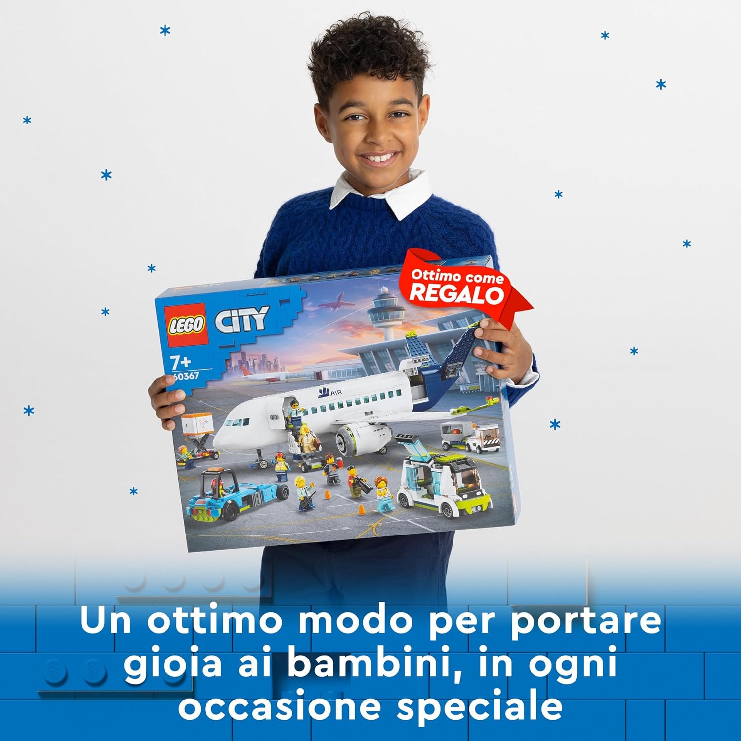 LEGO 60367 City Passenger Aeroplane Toy Building Set, Large Plane Model with Airport Ground Crew Vehicles: Apron Bus, Pushback Tug, Catering Loader, Baggage Truck plus 9 Minifigures