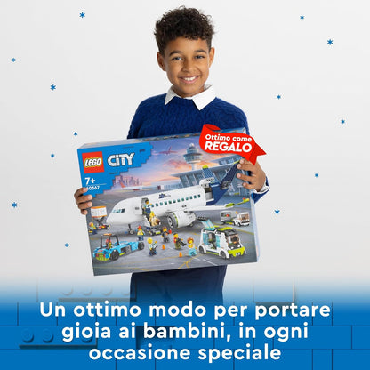 LEGO 60367 City Passenger Aeroplane Toy Building Set, Large Plane Model with Airport Ground Crew Vehicles: Apron Bus, Pushback Tug, Catering Loader, Baggage Truck plus 9 Minifigures