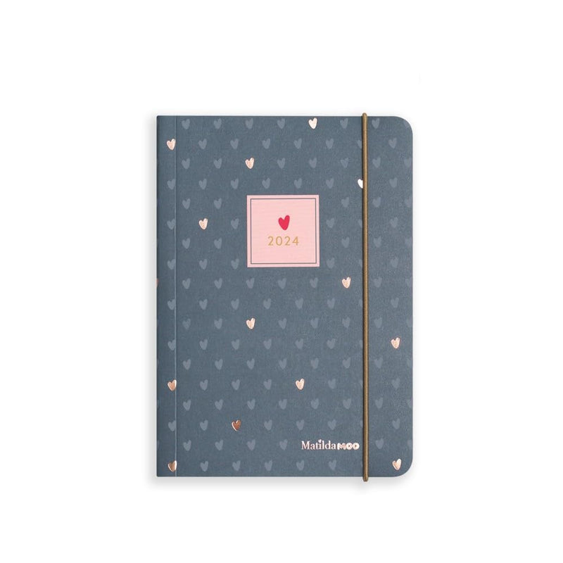 Matilda Moo 2024 Diary - A6 - Day a Page Layout - Elastic Closure - 80gsm Paper - Rose Gold Detail (Grey 2024)