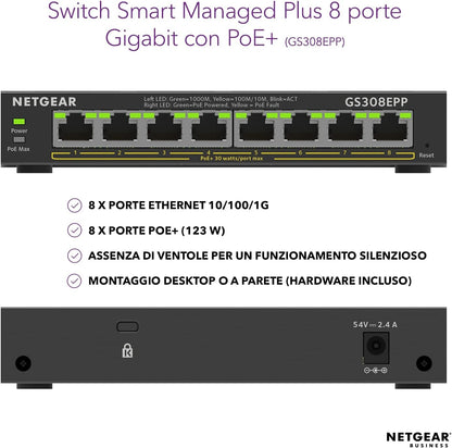 NETGEAR - SWITCH 8-PORT 1G POE+ SWITCH 124 W SMART MANAGED PLUS,black