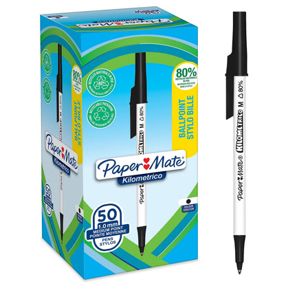 Paper Mate Kilometrico Ballpoint Pens | Long Writing with Medium Point (1.0mm) | Black Ink | 80% Recycled Plastic | 50 Count